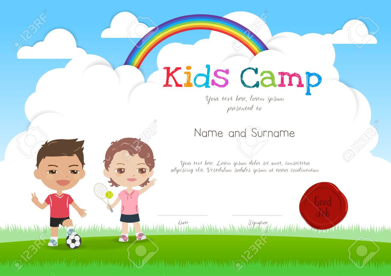 Colorful Kids Summer Camp Diploma Certificate Template In Cartoon Style  With Smiling Boy And Girl For Summer Camp Certificate Template