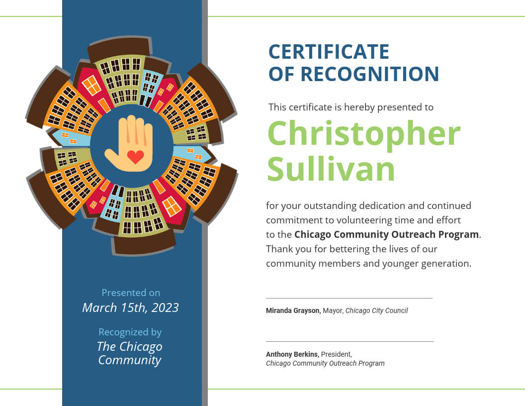 Community Volunteer Certificate Of Recognition Template For Volunteer Award Certificate Template