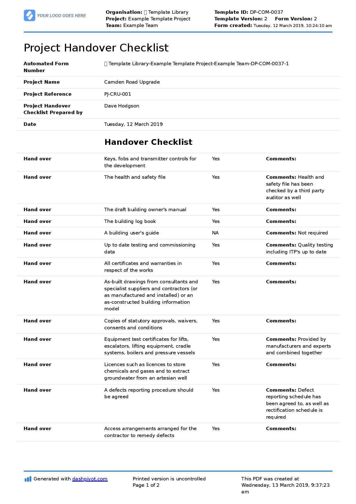 Construction Project Handover Document Sample To Use Or Copy Regarding Handover Certificate Template