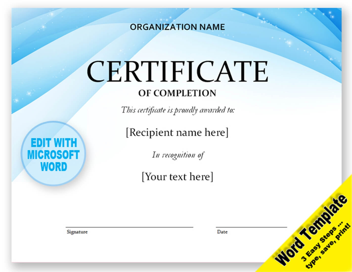 Contemporary Certificate Of Completion Template Digital Download With Downloadable Certificate Templates For Microsoft Word