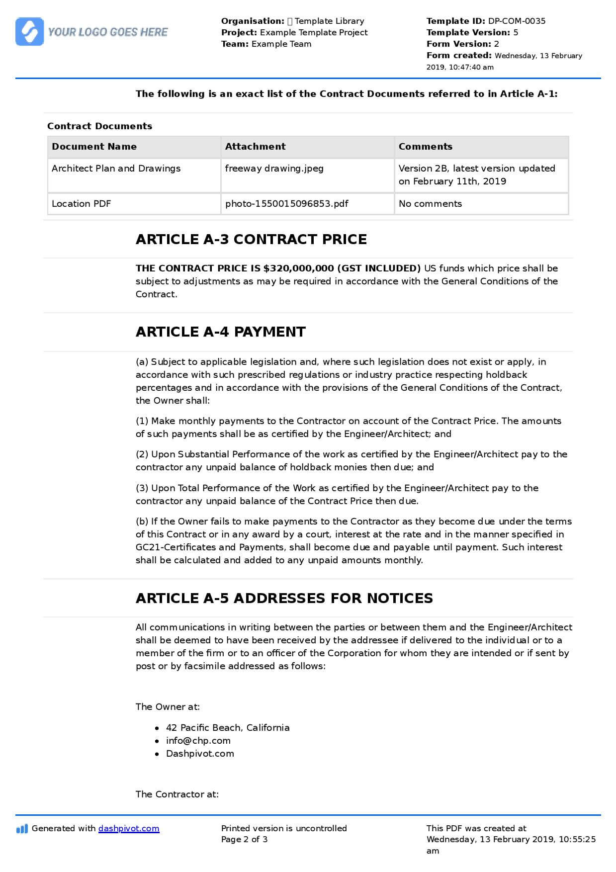 Contract Agreement For Construction Work [Sample + Template] For Construction Payment Certificate Template