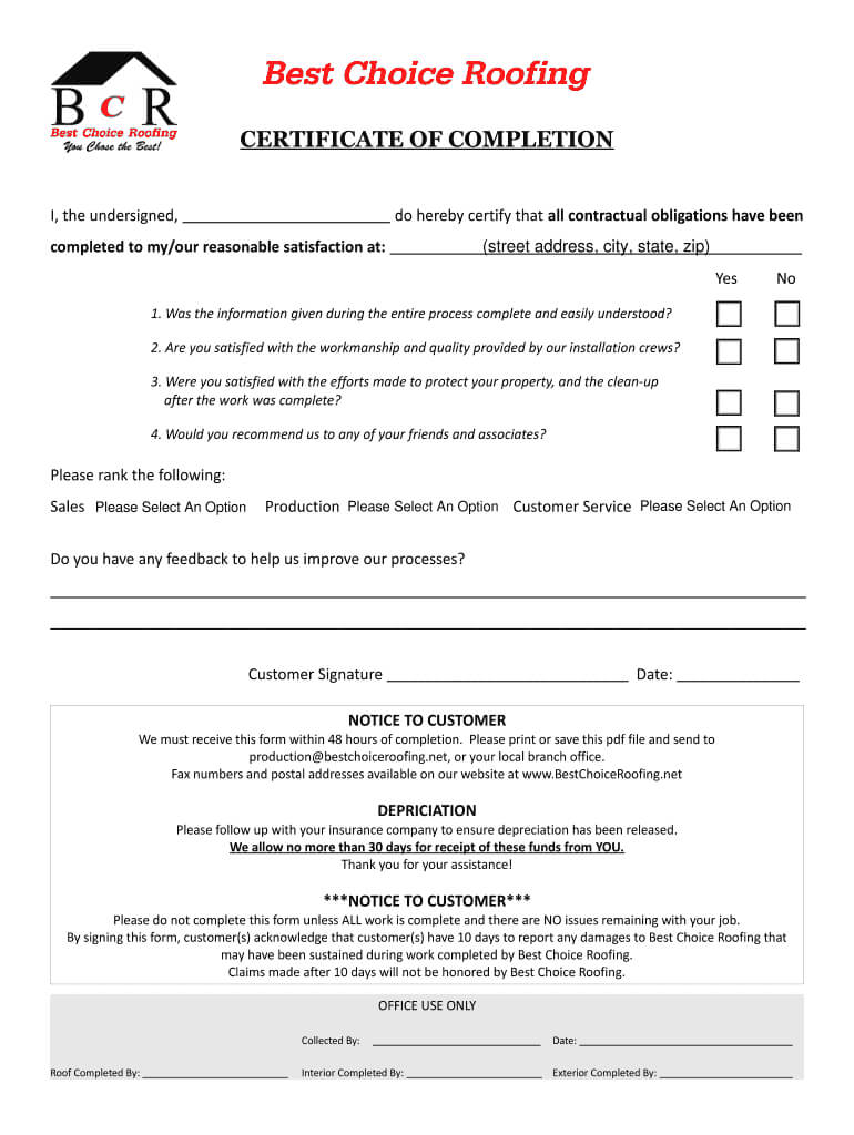 Contractor Job Completion Certificate – Fill Online Inside Roof Certification Template