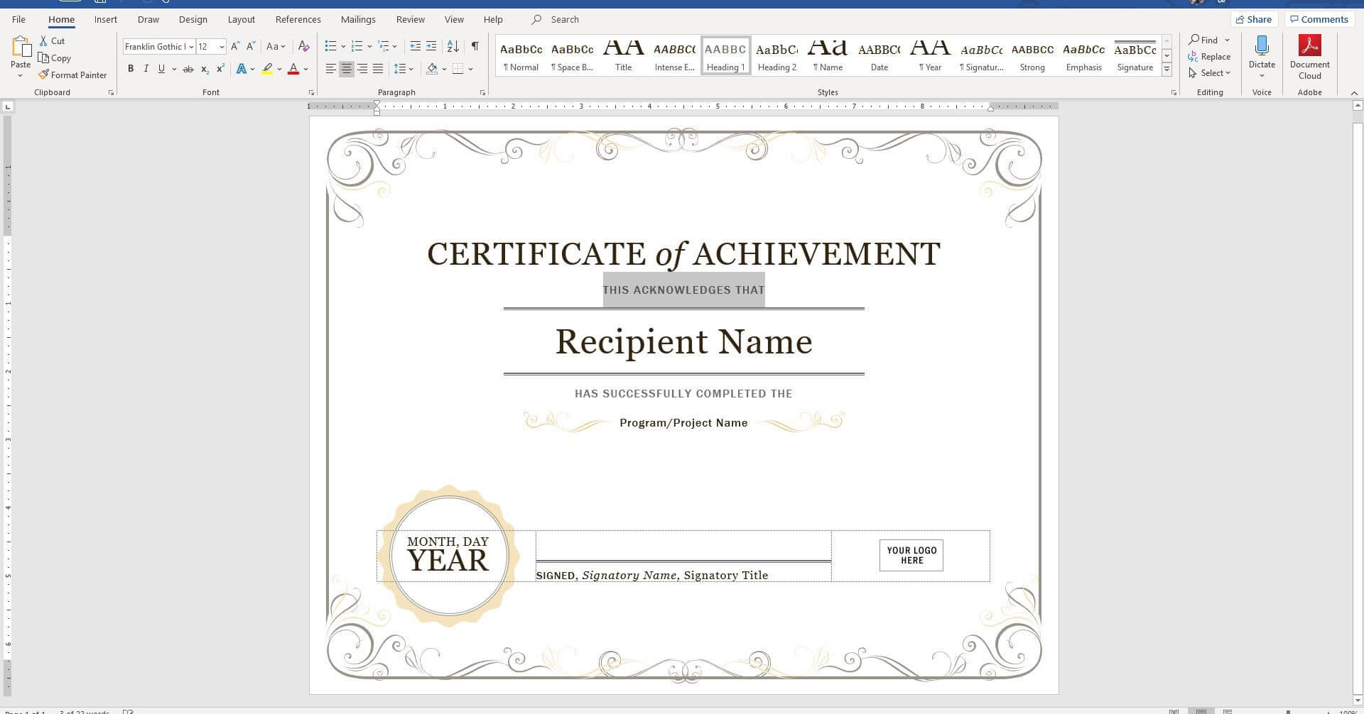 Create A Certificate Of Recognition In Microsoft Word Pertaining To Promotion Certificate Template