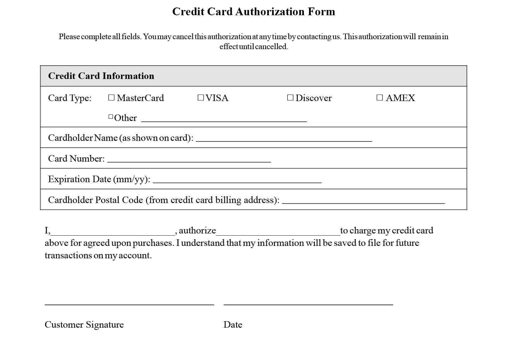 Credit Card Authorization Form Templates [Download] Within Credit Card Billing Authorization Form Template