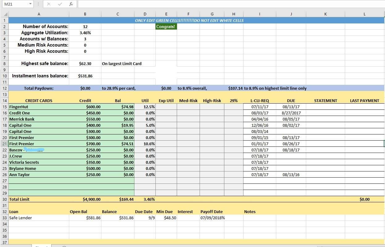 Credit Card Utilization Tracking Spreadsheet – Credit Warriors With Credit Card Statement Template Excel