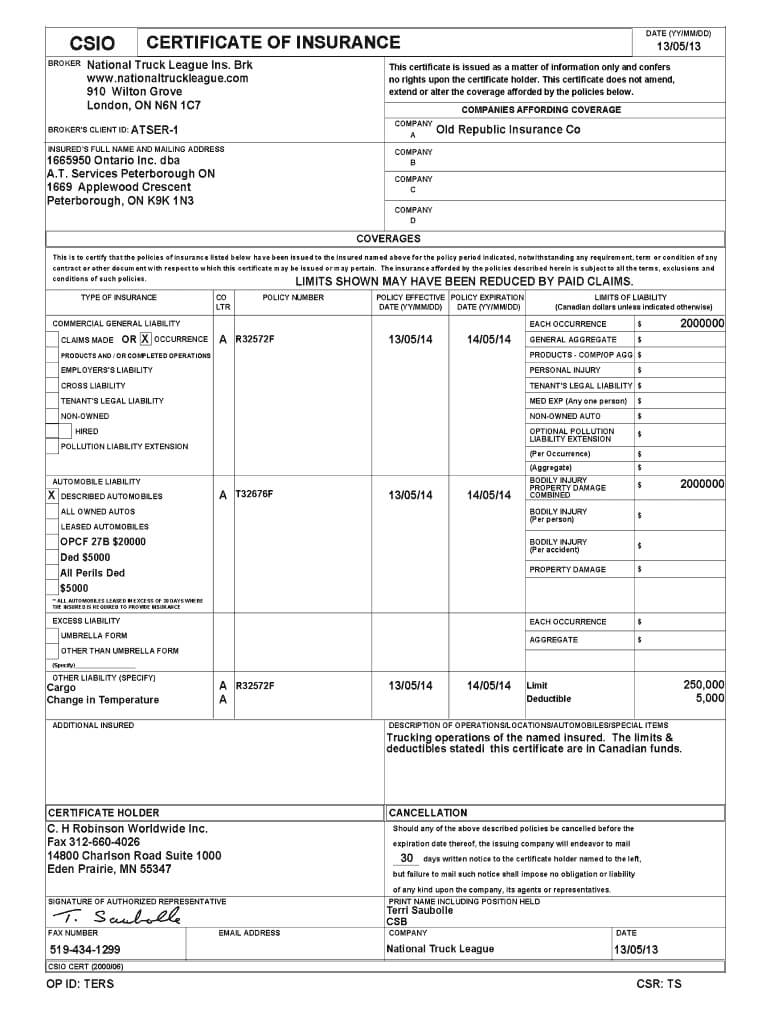 Csio Certificate Of Insurance - Fill Online, Printable With Regard To Certificate Of Insurance Template