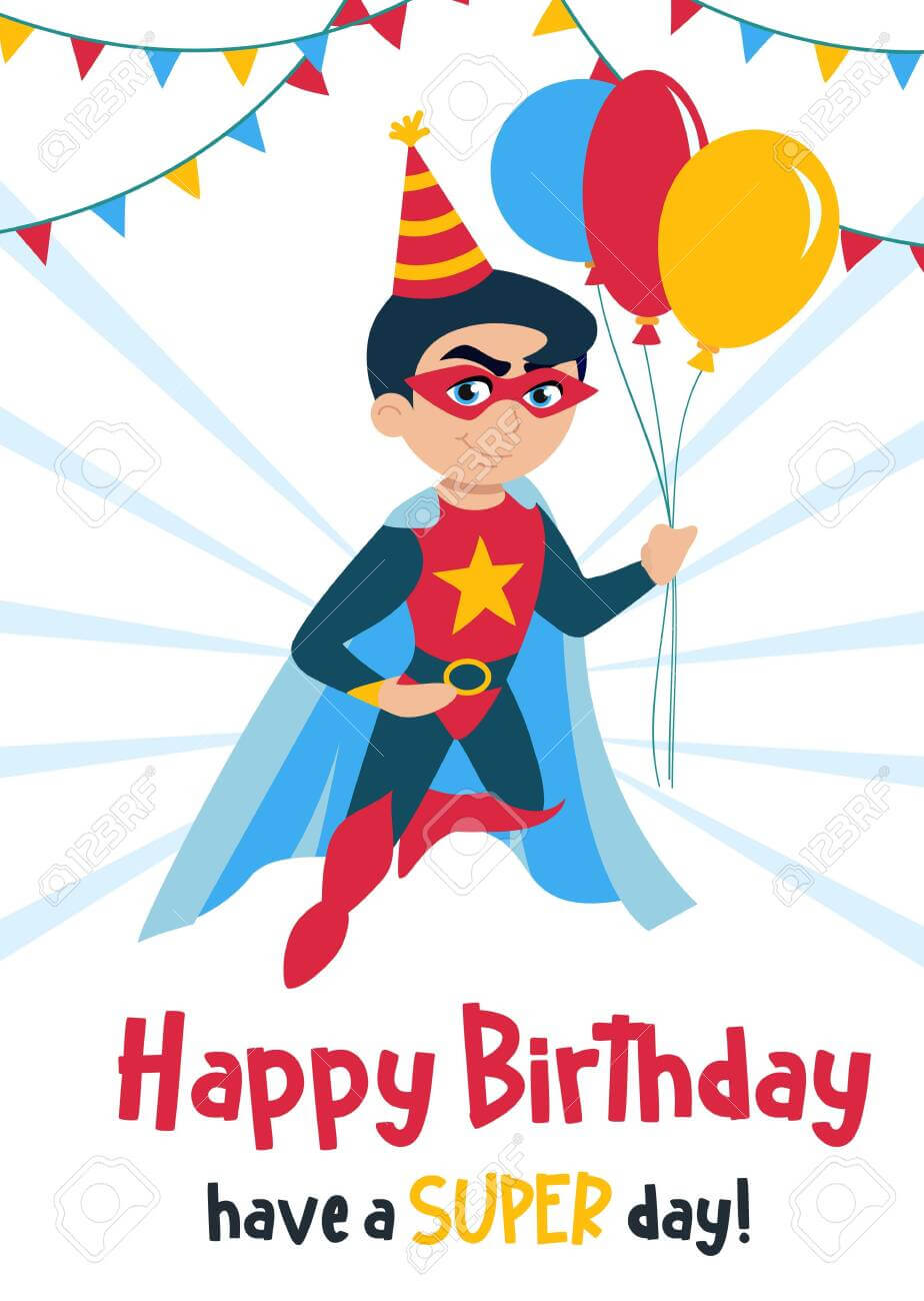 Cute Happy Birthday Greeting Card With Boy Vector Illustration With Superhero Birthday Card Template