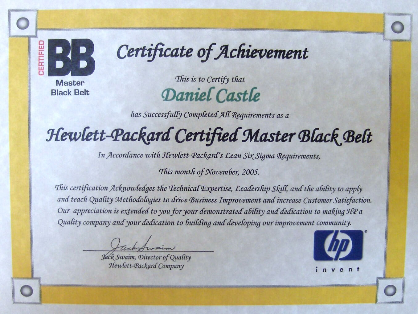 Dan Castle – Leader In The Professional Community Within Green Belt Certificate Template