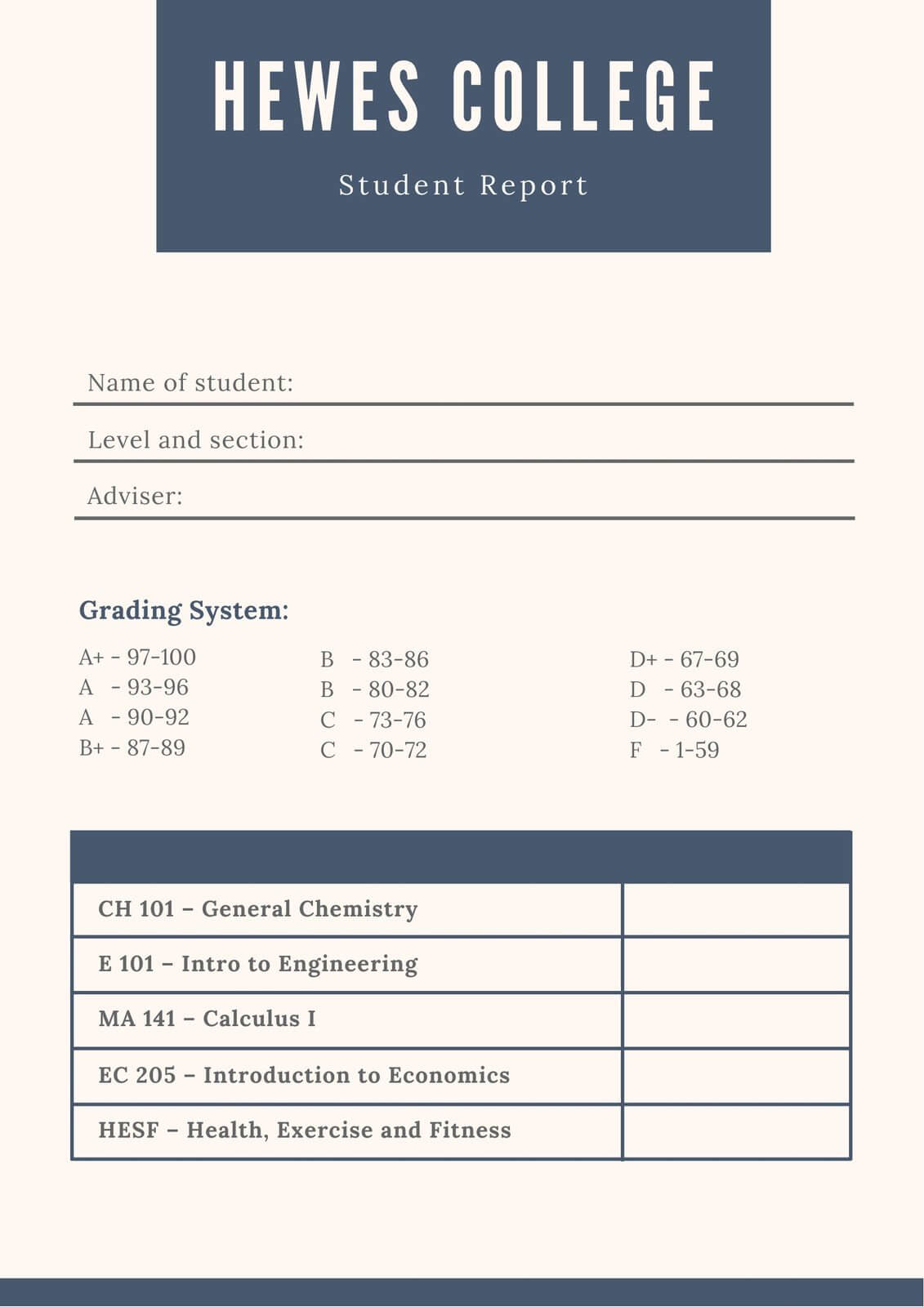 Dark Blue And Cream Simple College Report Card – Templates With Regard To College Report Card Template