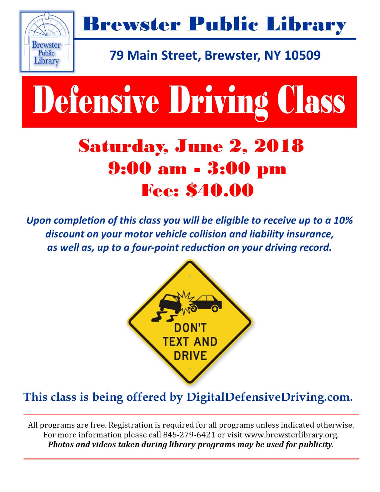 Defensive Driving Course At Brewster Library Intended For Safe Driving Certificate Template