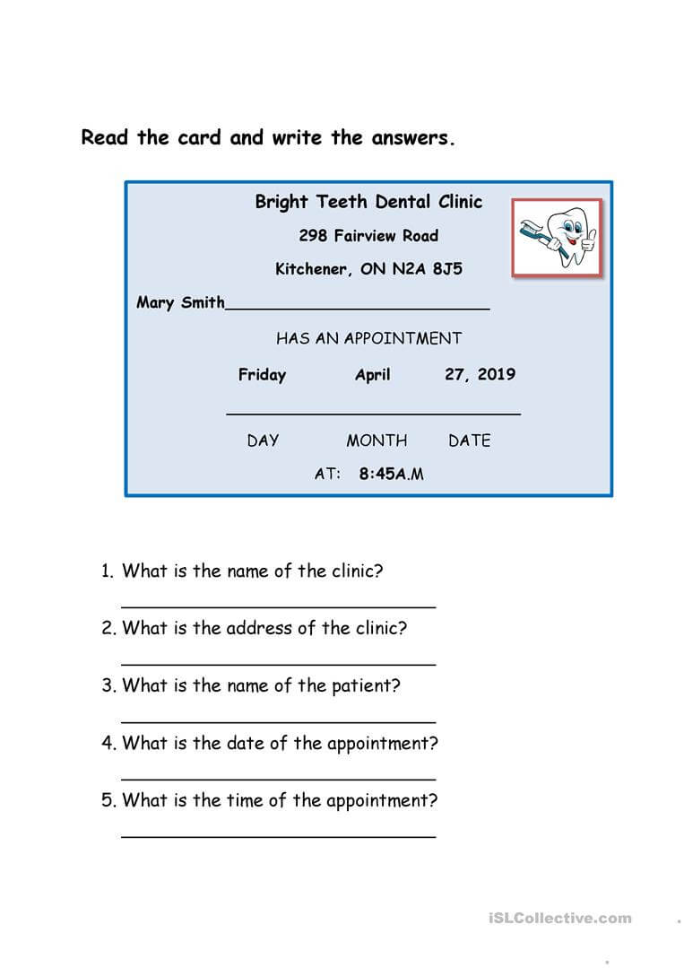 Dentist Appointment Card – English Esl Worksheets For Pertaining To Dentist Appointment Card Template