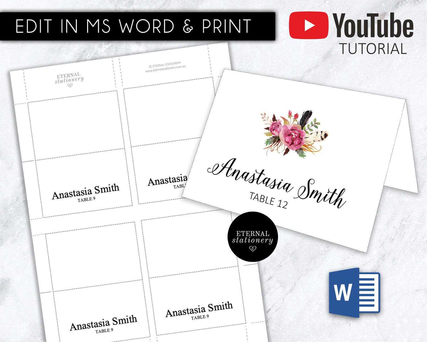 Diy Editable Microsoft Word Template Place Card | Wedding | Tent Card |  Engagement | Corporate | Escort Card With Regard To Microsoft Word Place Card Template