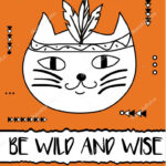 Doodle Cat Boho Feathers Headband. Modern Postcard, Flyer Inside Headband Card Template