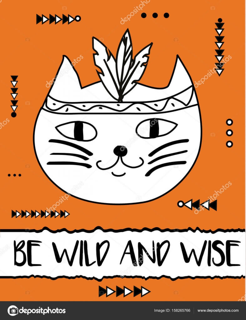 Doodle Cat Boho Feathers Headband. Modern Postcard, Flyer Inside Headband Card Template