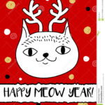 Doodle Cat In Christmas Deer Horns Headband. Modern Postcard Inside Headband Card Template