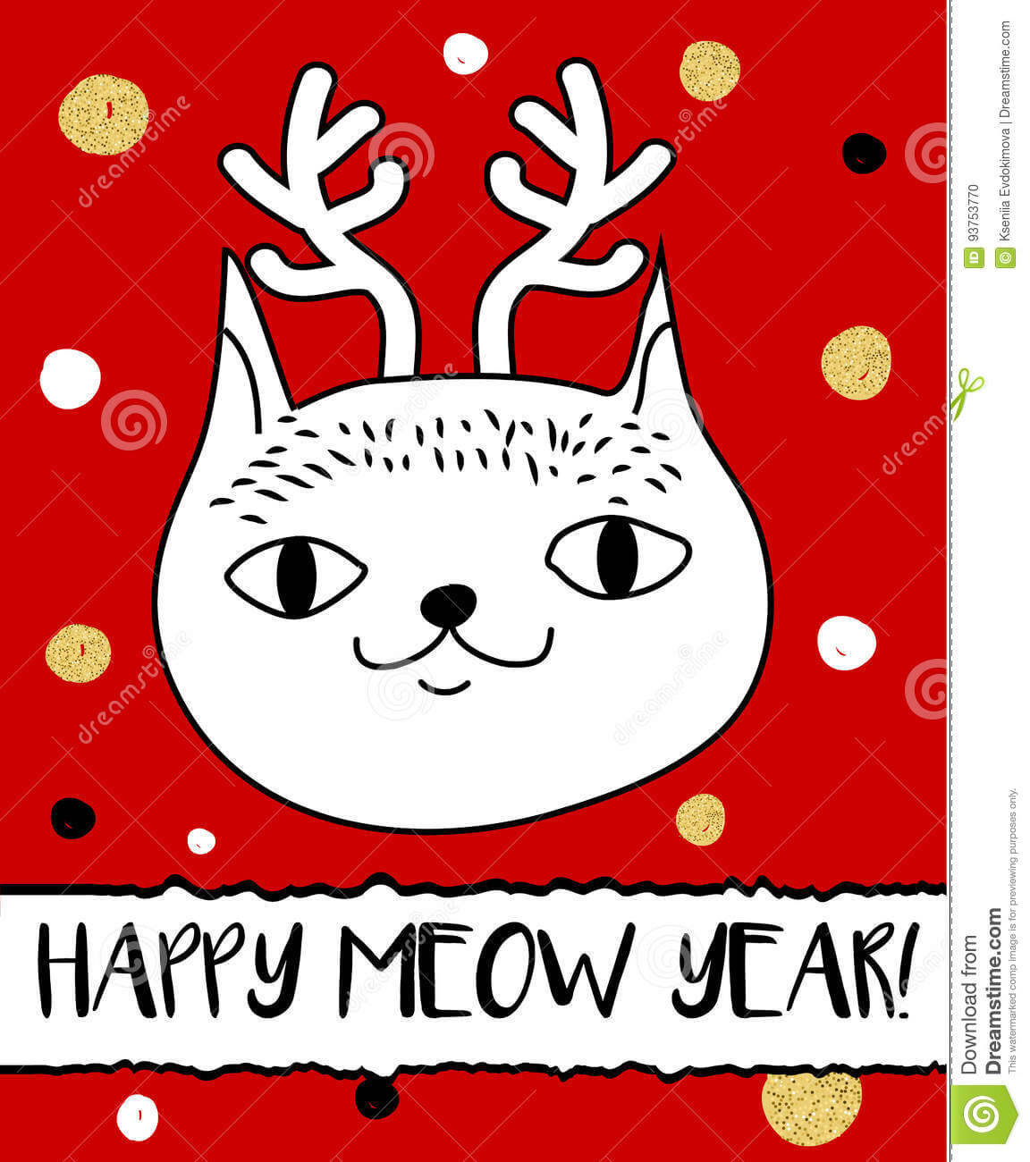 Doodle Cat In Christmas Deer Horns Headband. Modern Postcard Inside Headband Card Template