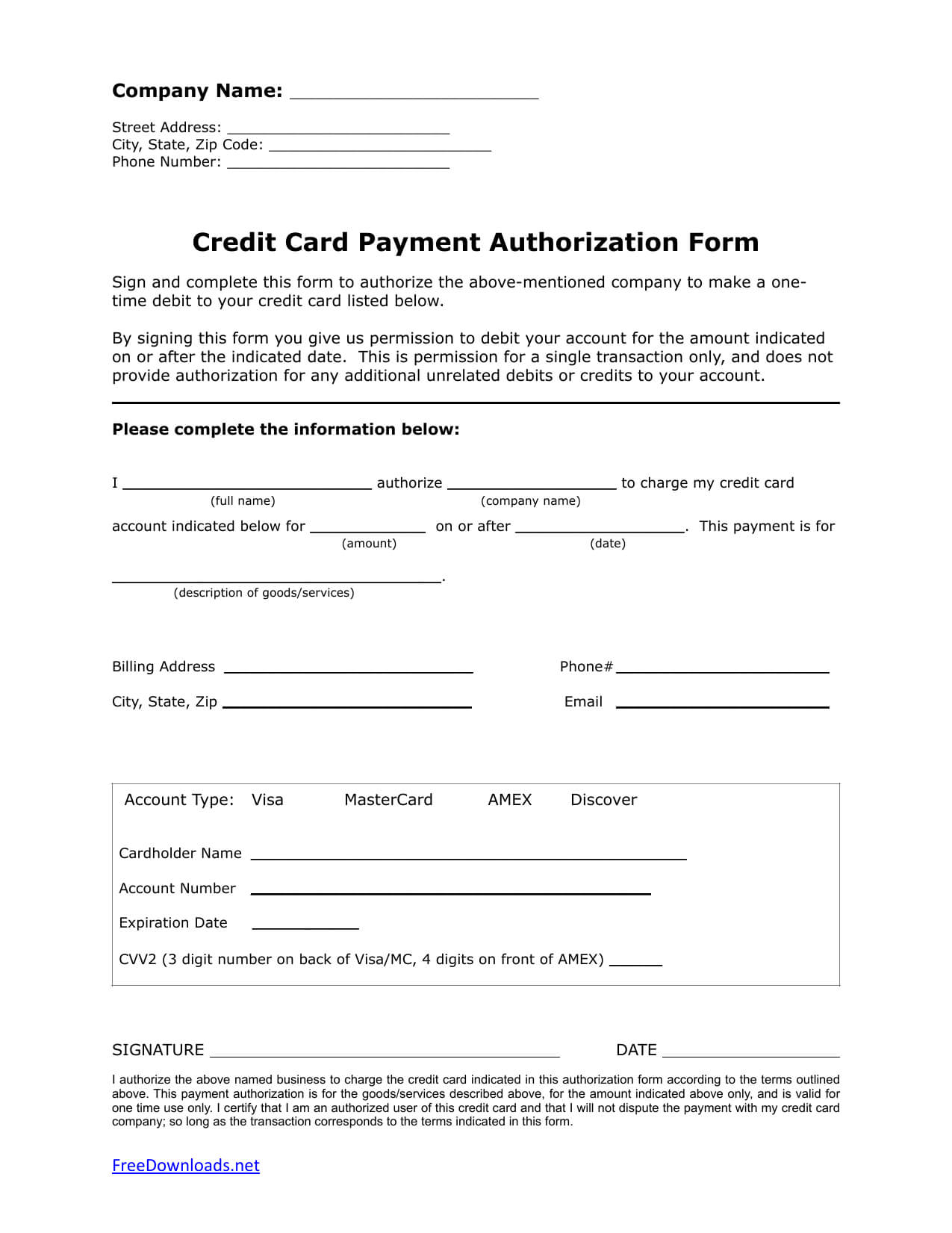 Download One (1) Time Credit Card Authorization Payment Form In Credit Card Authorization Form Template Word