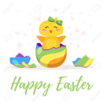 Easter Day Greeting Card Template With Cute Chick Hatched From.. In Easter Chick Card Template