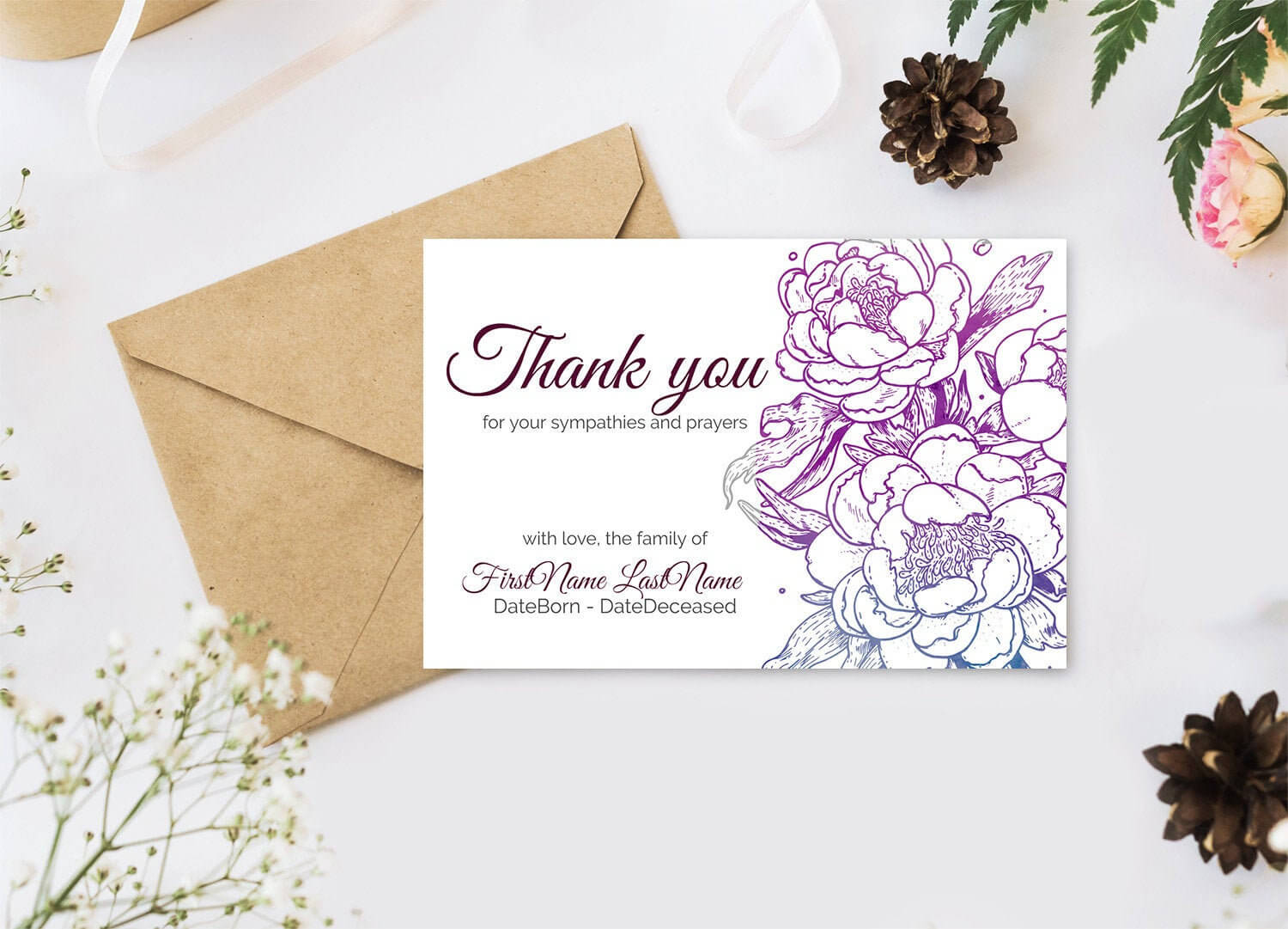 Editable Funeral Thank You Cards. Personalized Sympathy Thank You,  Printable Bereavement Thank You Card – Digital Download Within Sympathy Thank You Card Template
