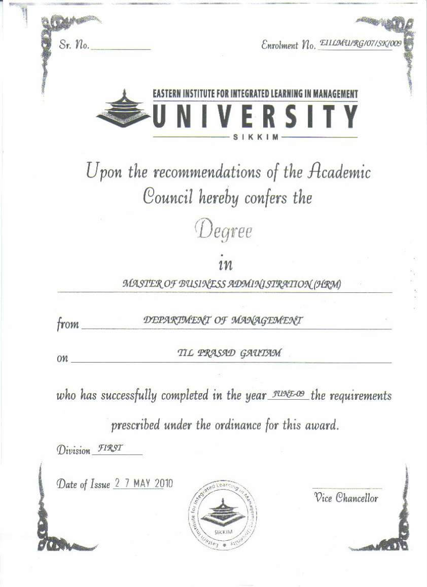 Eiilm University Degree Certificate Sample – 2019 2020 2021 In College Graduation Certificate Template