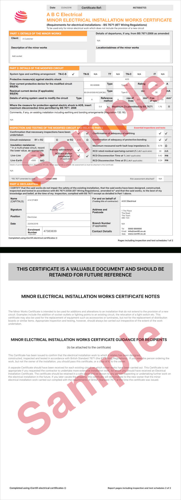 Electrical Certificate - Example Minor Works Certificate Within Electrical Minor Works Certificate Template