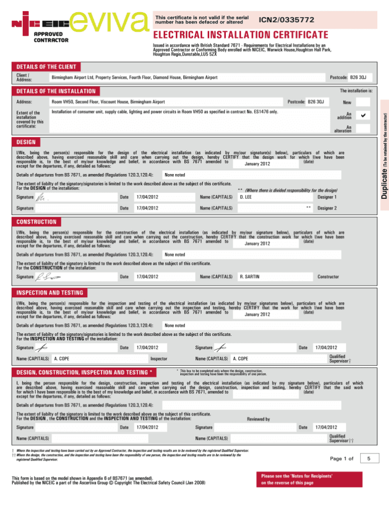 Electrical Minor Works Certificate Template