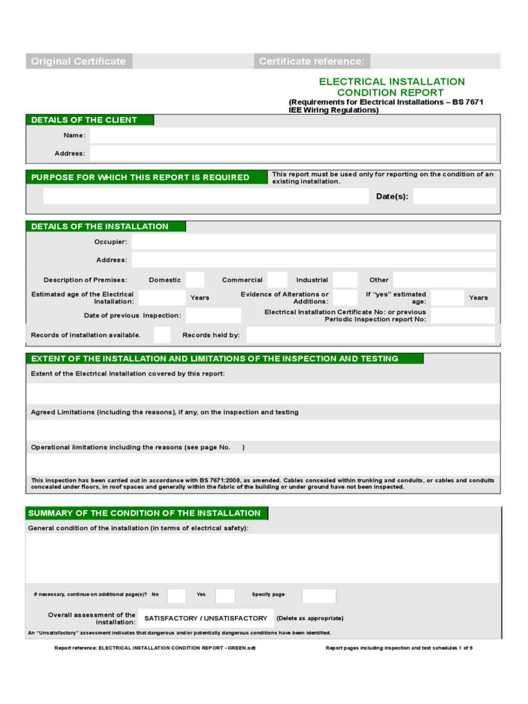 Electrical Installation Condition Report Form – 2 Free With Regard To Electrical Installation Test Certificate Template