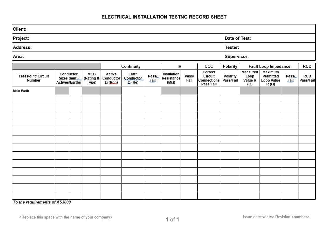 Electrical Installation Testing Record Sheet For Electrical Installation Test Certificate Template