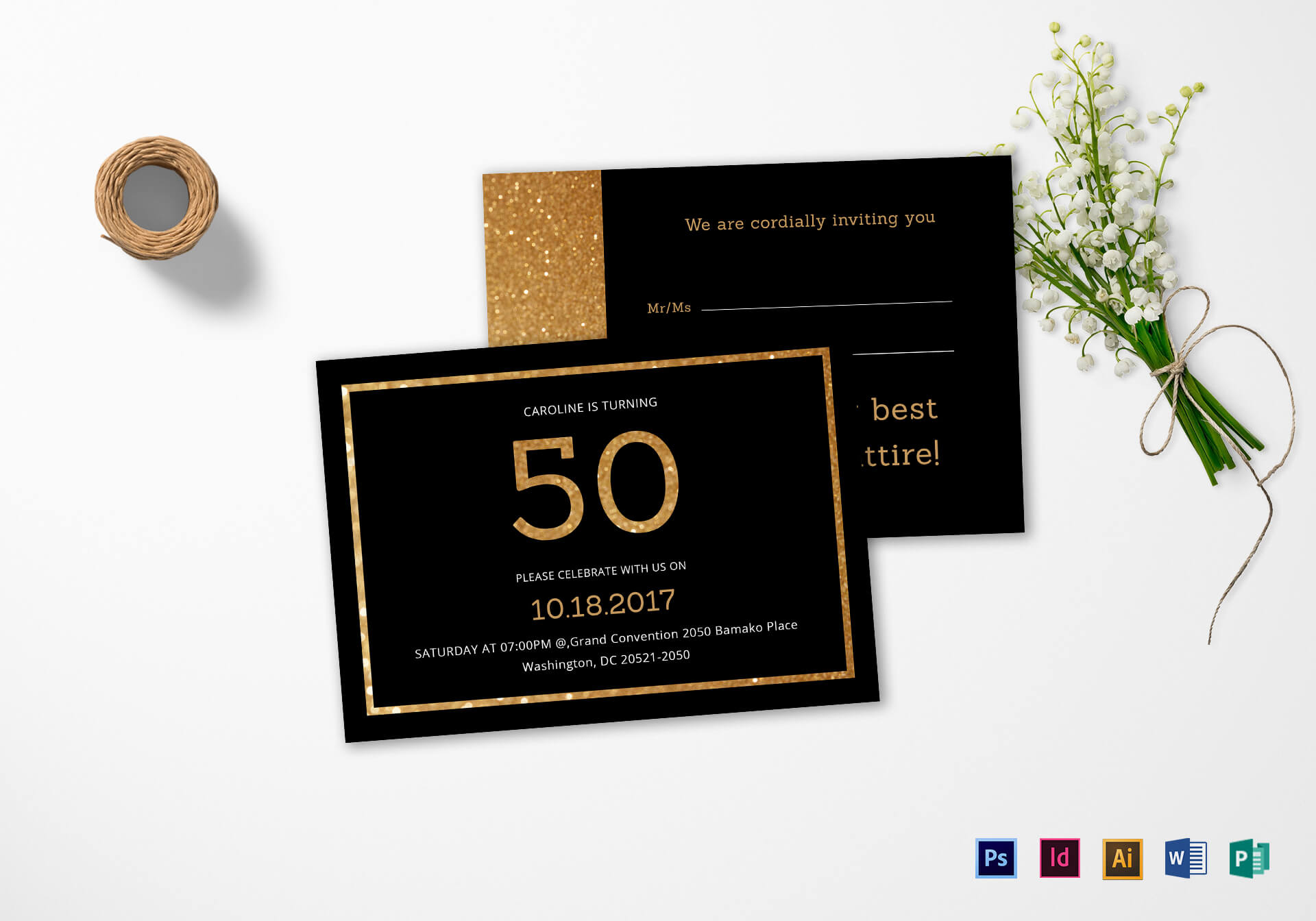 Elegant Black And Gold 50Th Birthday Invitation Template In Birthday Card Template Indesign