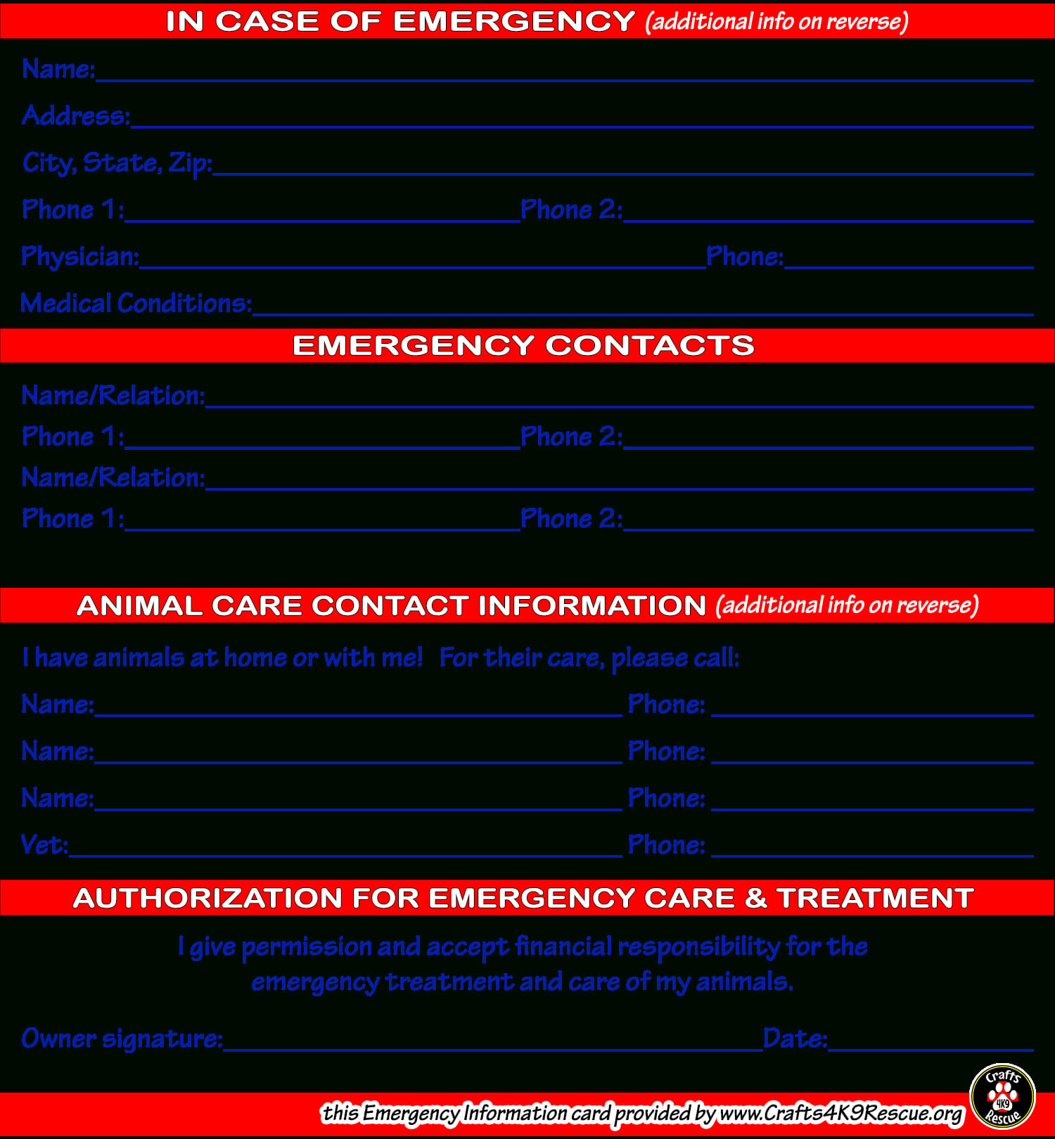 Emergency Information Card Template | Crafts4K9Rescue Within In Case Of Emergency Card Template
