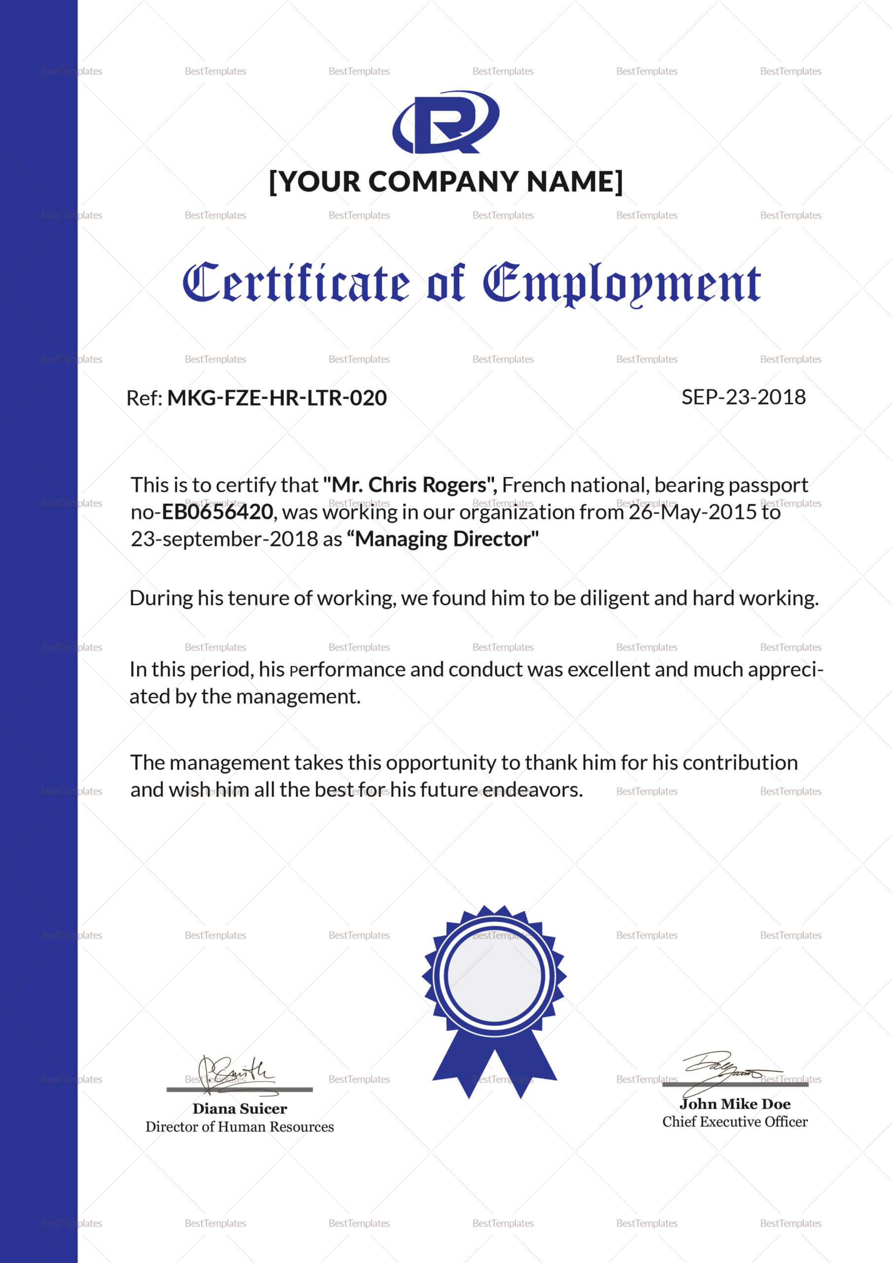 Excellent Employment Certificate Template Inside Template Of Certificate Of Employment