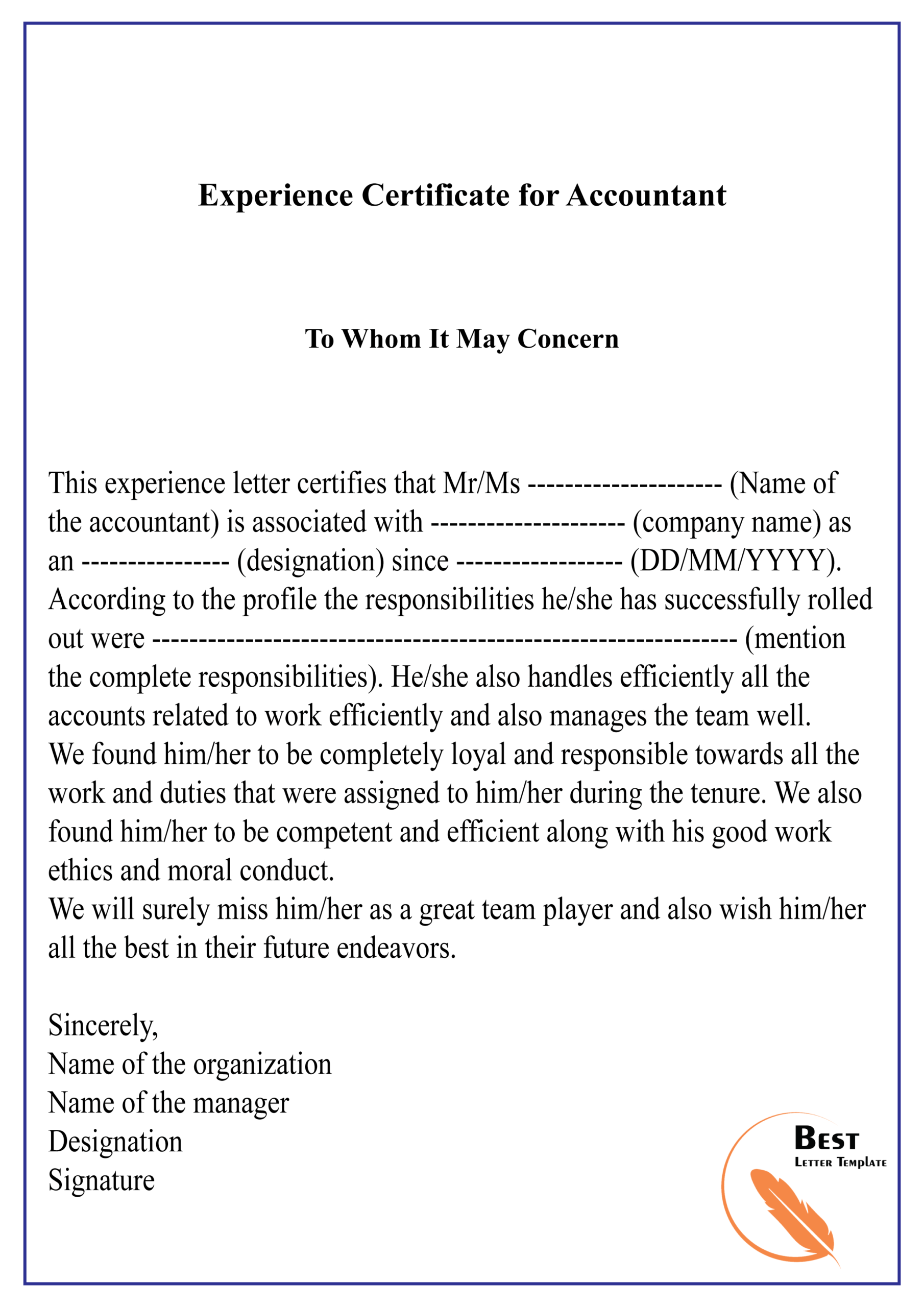 Experience Certificate For Accountant 01 | Best Letter Template With Regard To Template Of Experience Certificate