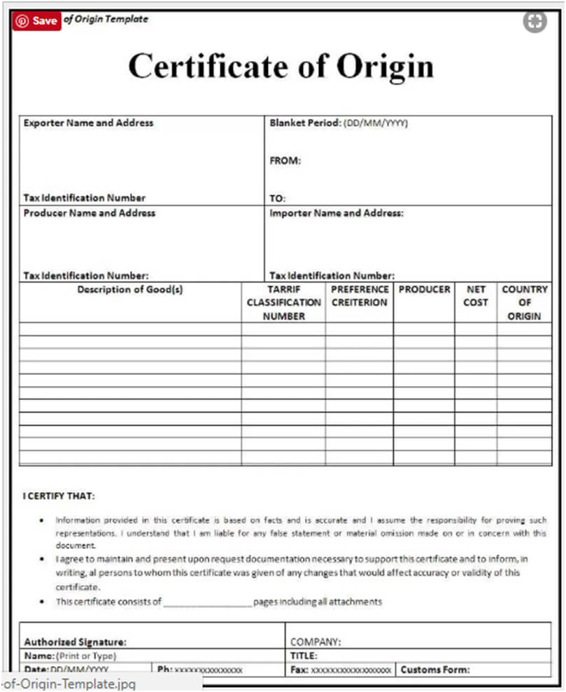 ?free Printable Certificate Of Origin Form Template [Pdf Regarding Certificate Of Origin Form Template