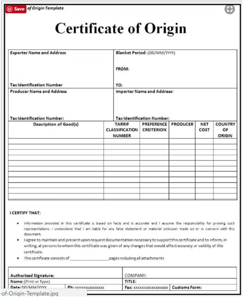 ?free Printable Certificate Of Origin Form Template [Pdf Throughout Certificate Of Origin For A Vehicle Template