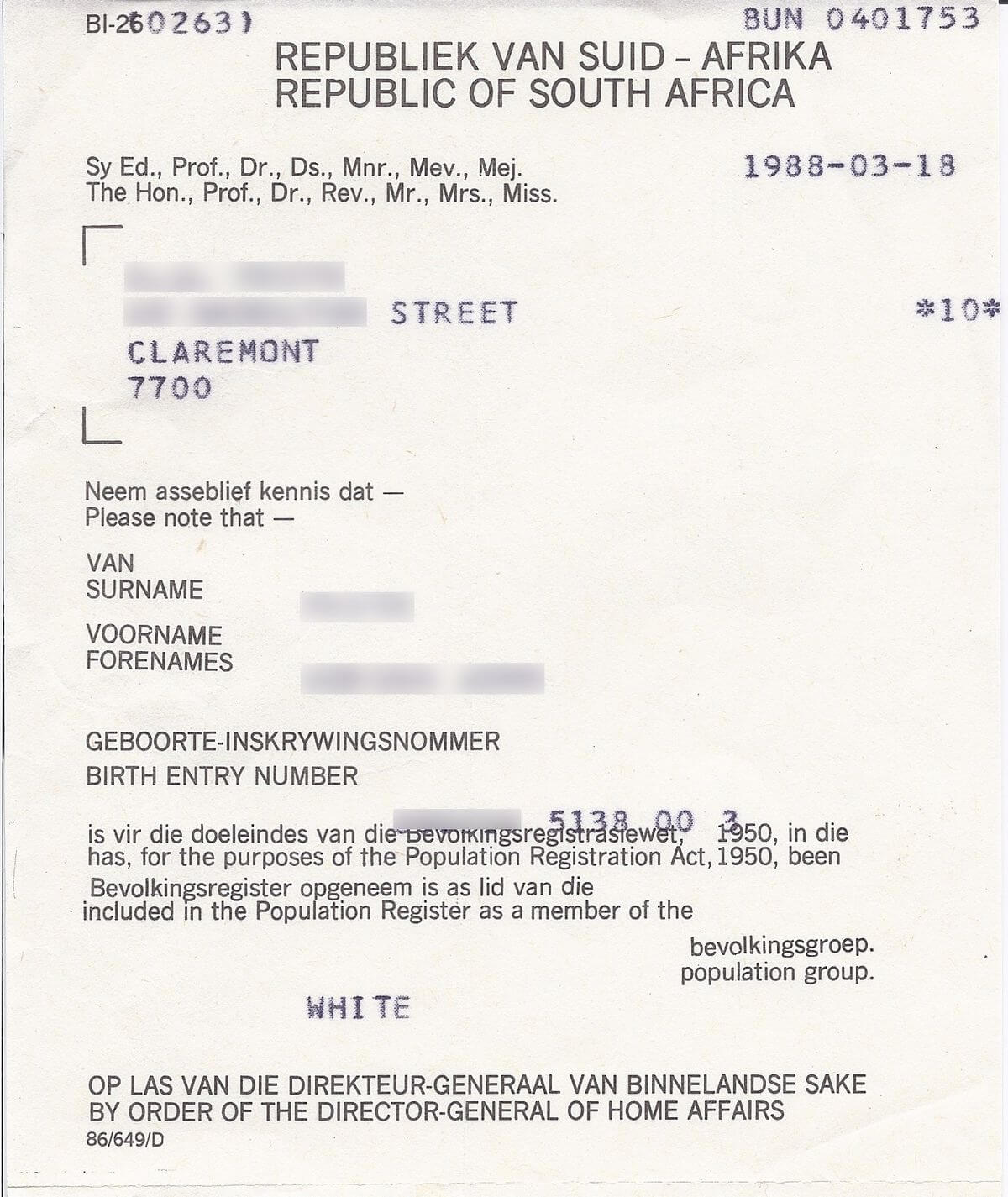 File:population Registration Certificate South Africa 1988 Regarding South African Birth Certificate Template