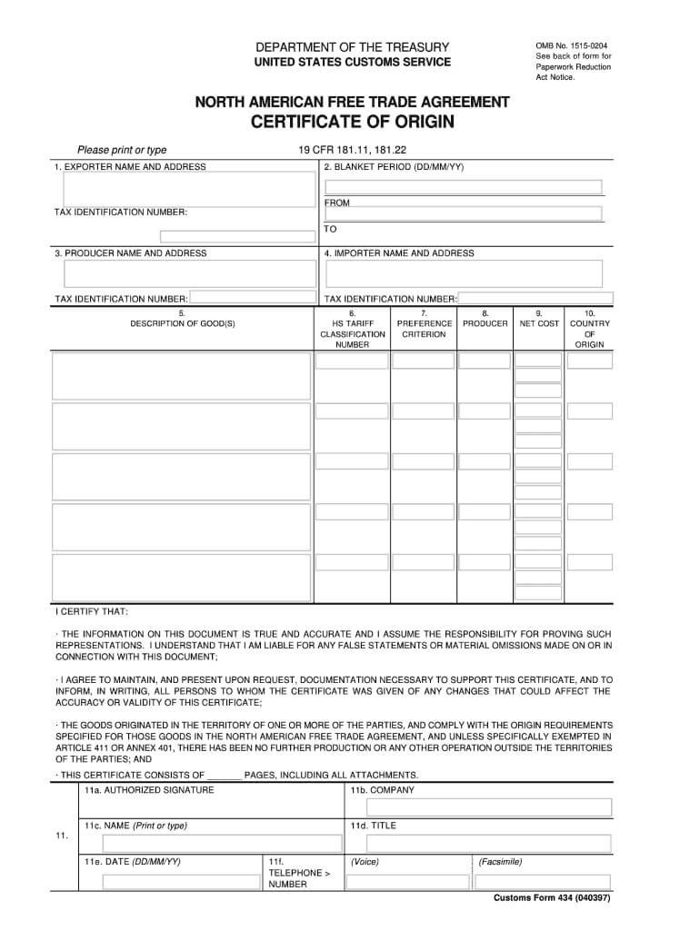 Fillable Nafta Certificate Of Origin - Fill Online For Nafta Certificate Template