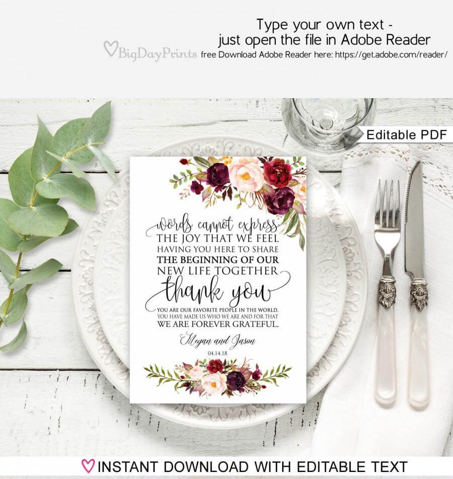 Floral Wedding Thank You Place Card, Wedding Table Thank You Pertaining To Table Place Card Template Free Download