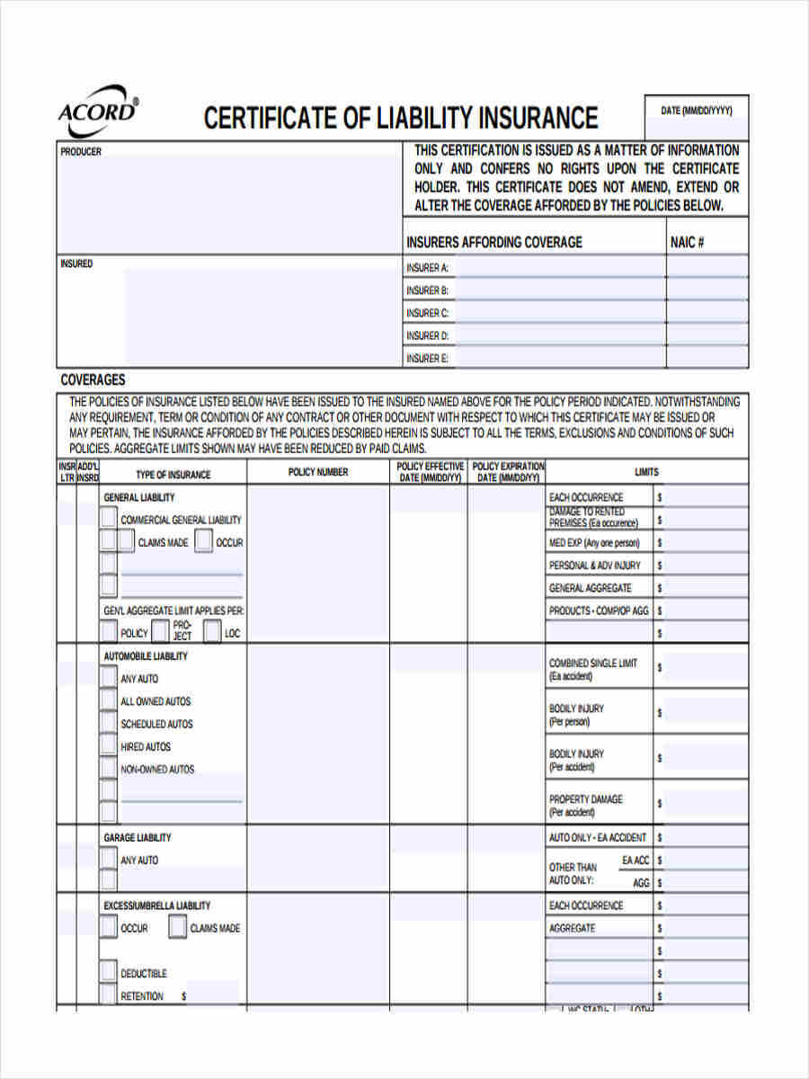 Free 9+ Liability Insurance Forms In Pdf | Ms Word Within Certificate Of Liability Insurance Template