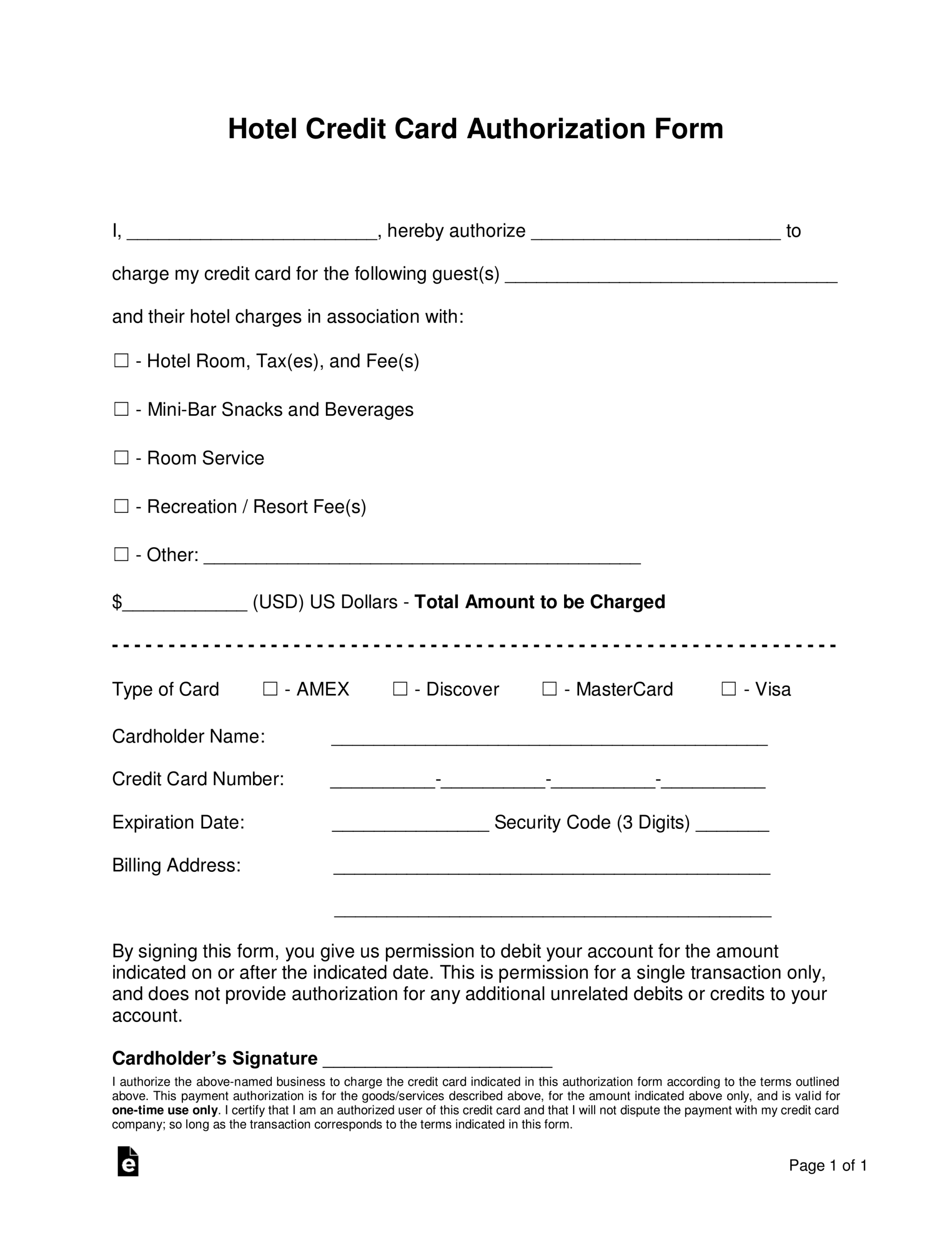 Free Hotel Credit Card Authorization Forms - Word | Pdf With Regard To Hotel Credit Card Authorization Form Template