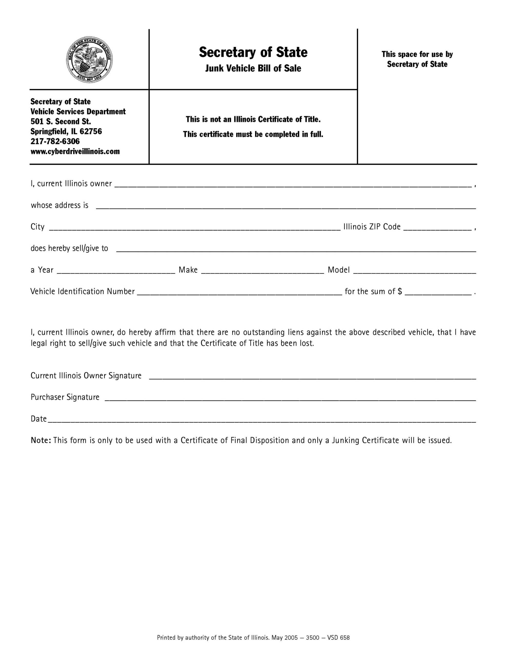 Free Illinois Junk Vehicle Bill Of Sale Form | Pdf | Word Throughout Certificate Of Disposal Template