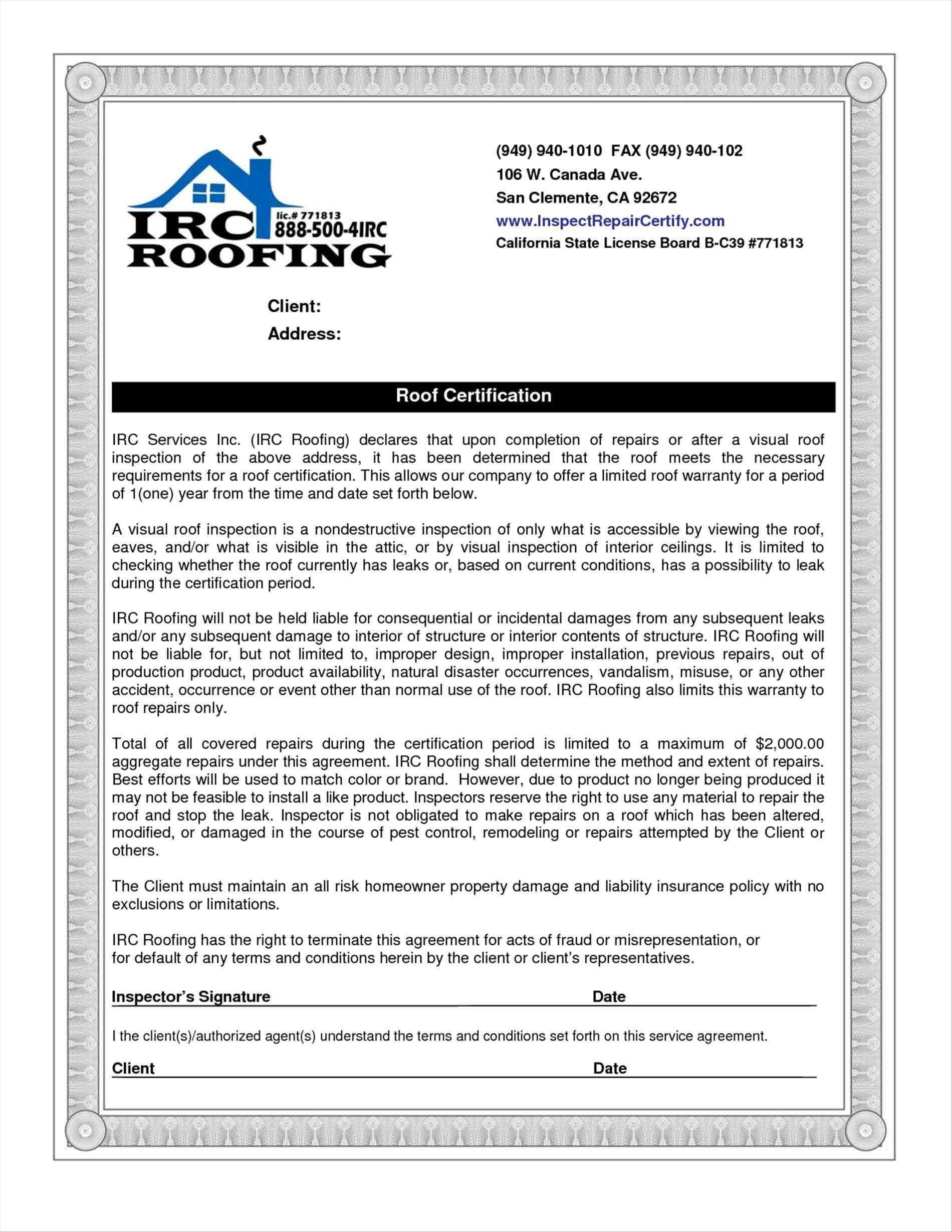 Free Roof Certification Template Form Download Monster In Roof Certification Template