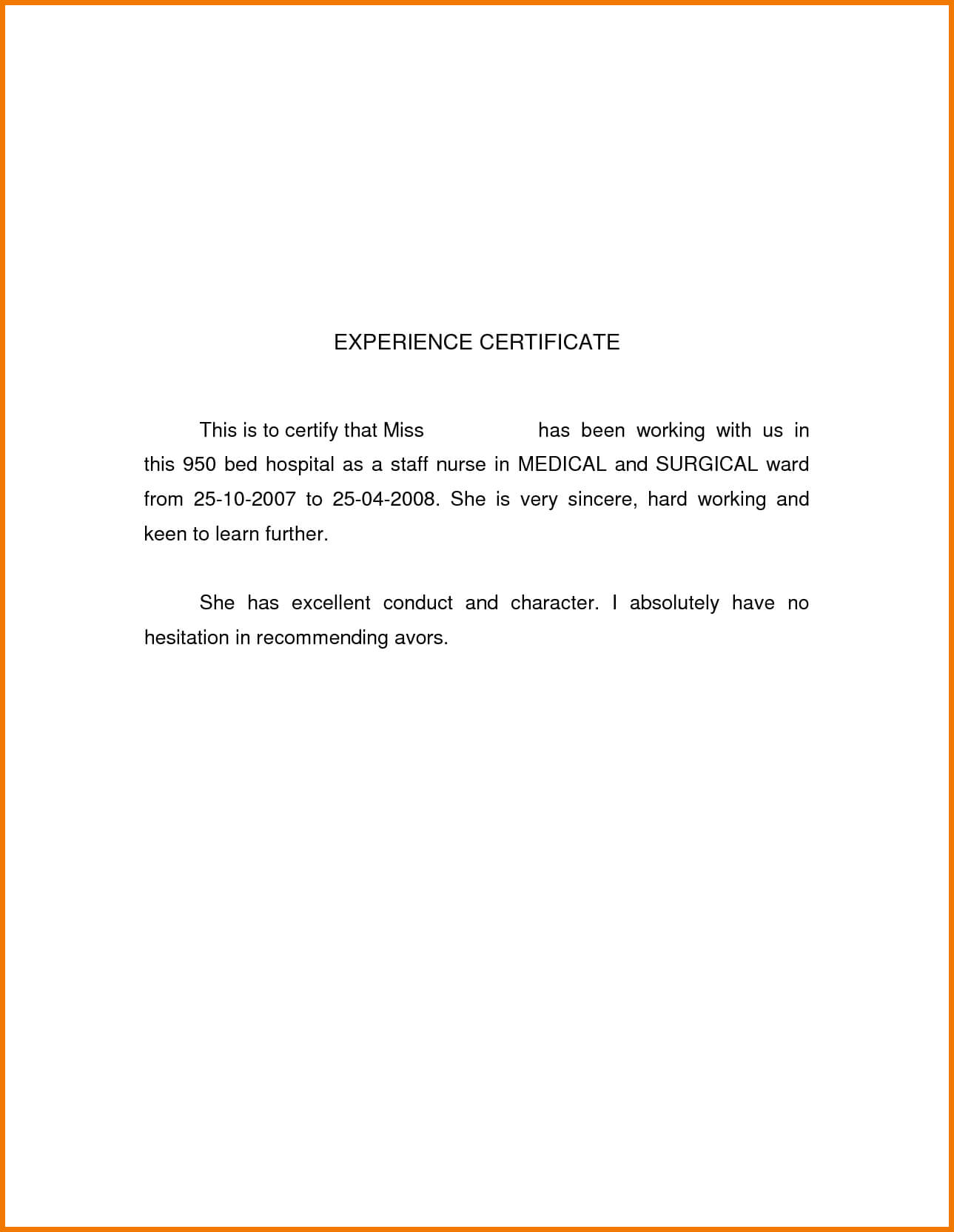 Free Sample Work Experience Letter For Admission : V M D Throughout Template Of Experience Certificate
