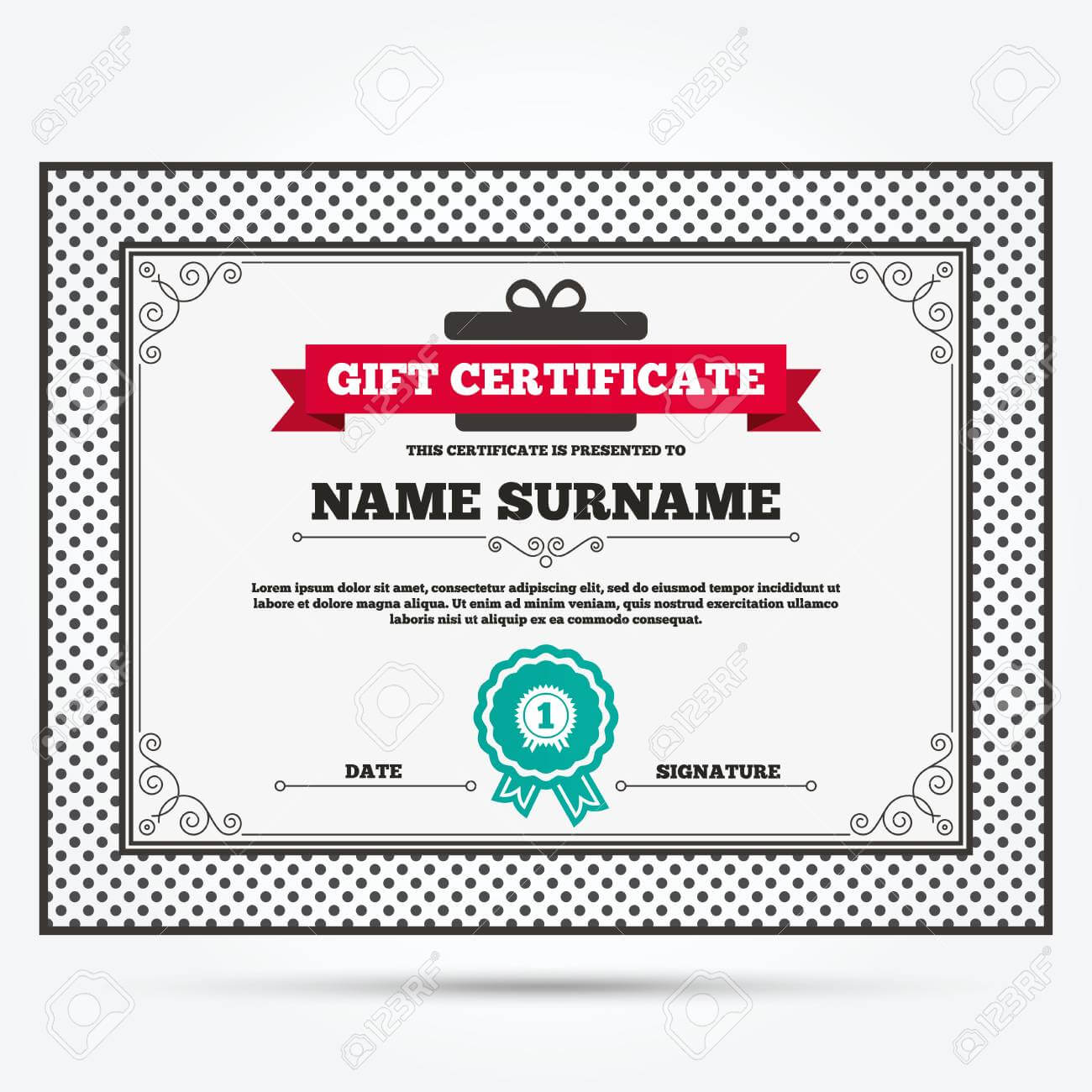 Gift Certificate. First Place Award Sign Icon. Prize For Winner.. In First Place Certificate Template