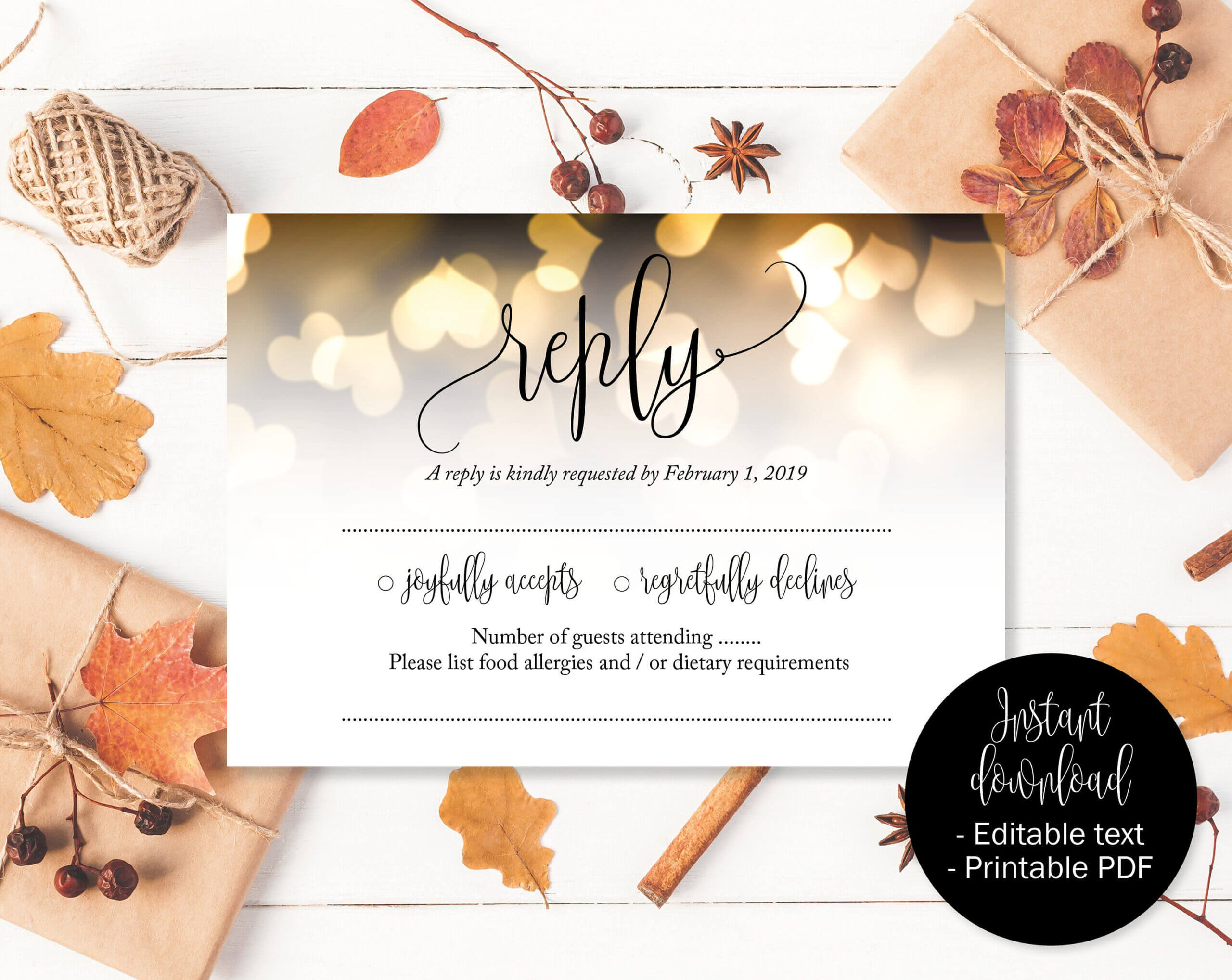 Gold Wedding Rsvp Cards, Gold Hearts Wedding, Reply Acceptance, Attendance  Cards, Rsvp Template, Wedding Printable, Download Rsvp Insert Throughout Acceptance Card Template