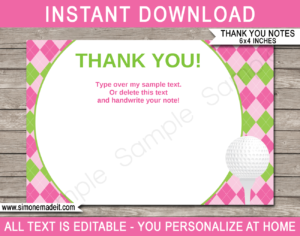 Golf Birthday Party Thank You Cards Template – Pink/green with regard to Thank You Note Cards Template