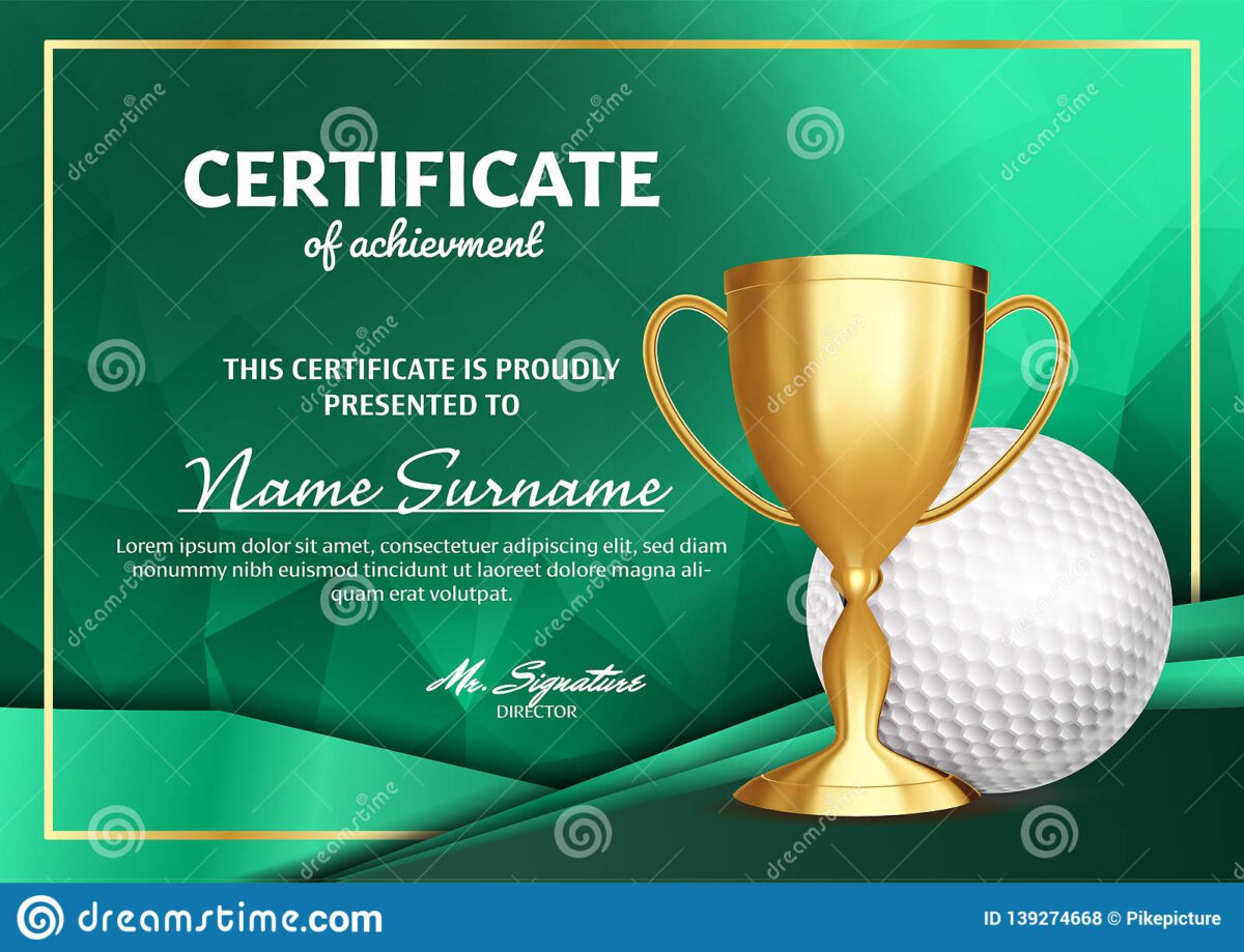 Golf Certificate Diploma With Golden Cup Vector. Sport Award For Golf