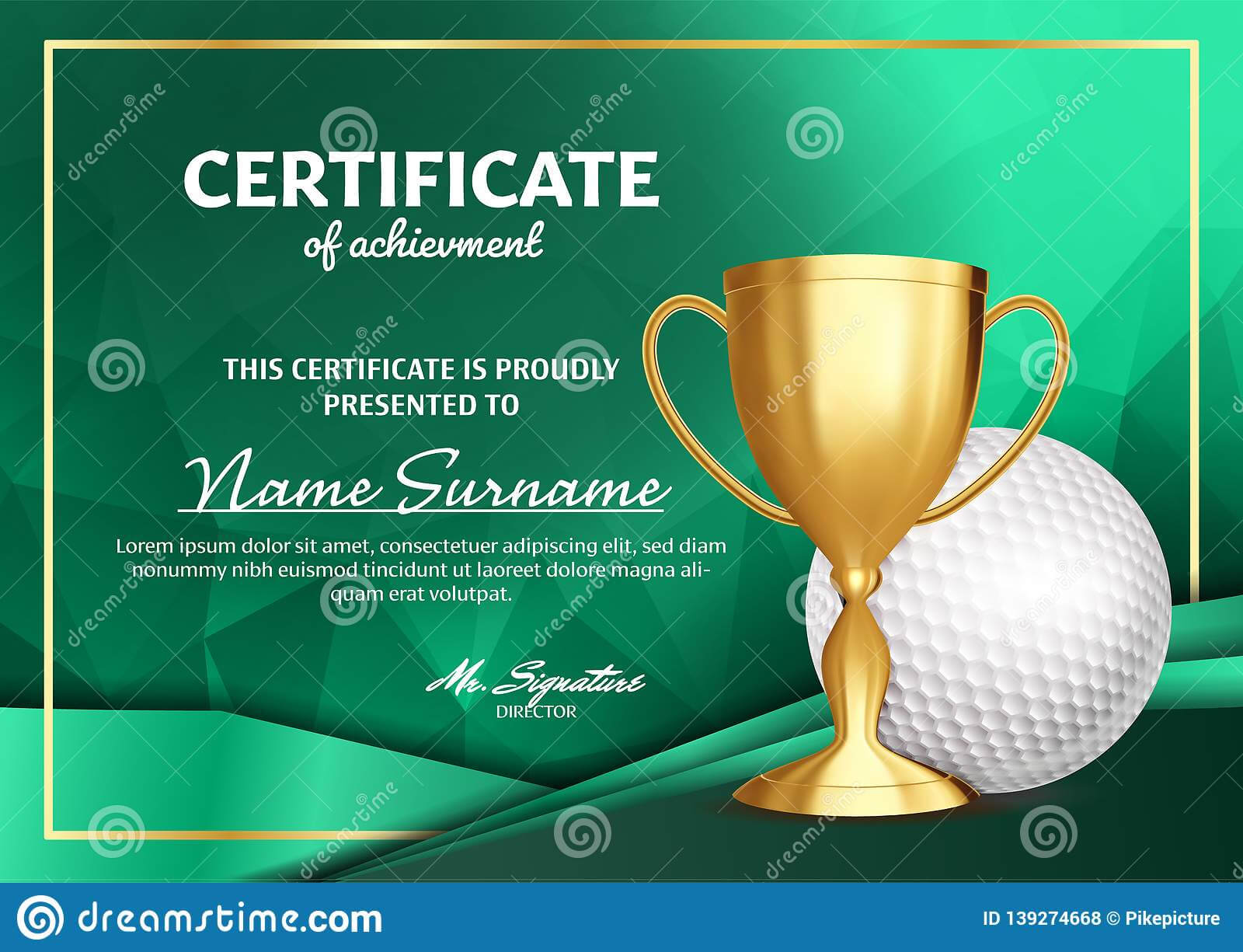 Golf Certificate Diploma With Golden Cup Vector. Sport Award In Golf Certificate Template Free