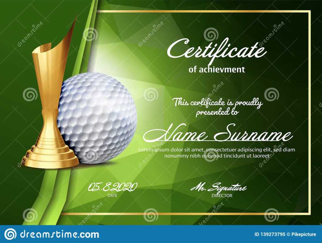 Golf Certificate Diploma With Golden Cup Vector. Sport Inside Golf