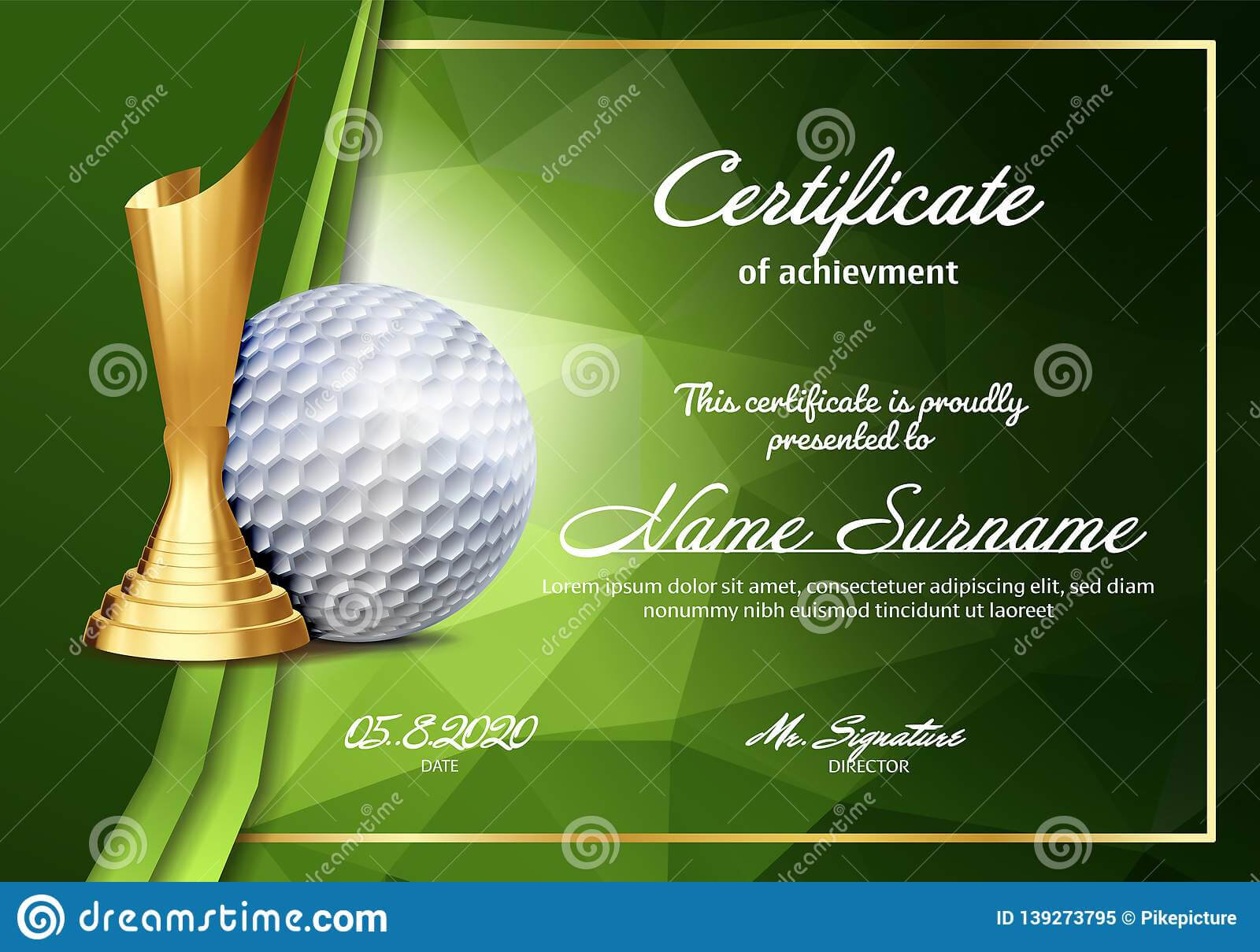Golf Certificate Diploma With Golden Cup Vector. Sport Inside Golf Certificate Template Free