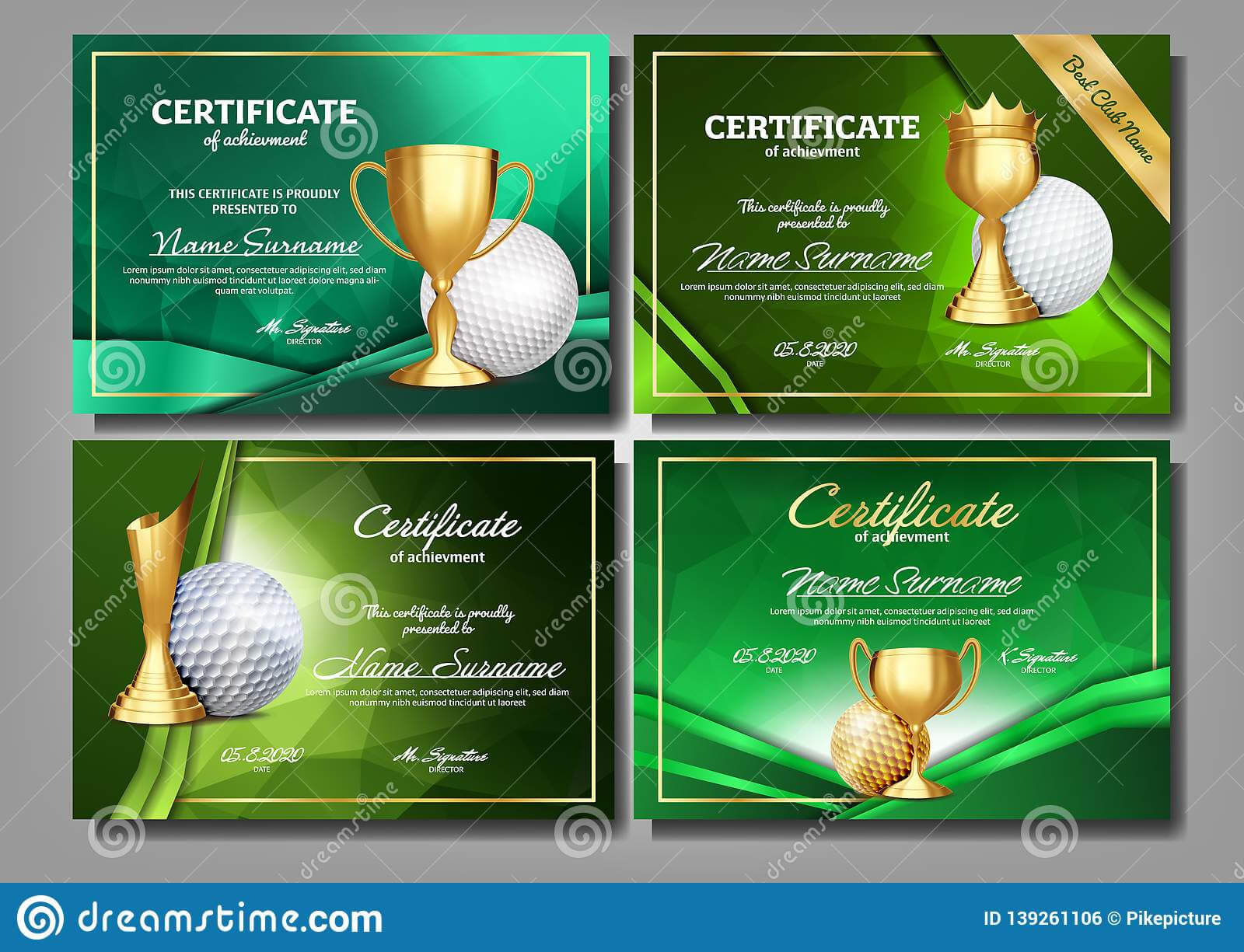 Golf Game Certificate Diploma With Golden Cup Set Vector With Regard To Golf Certificate Template Free